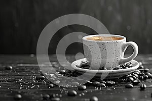 an eary cup of coffee surrounded by coffee beans and beans, in the style of mist, rustic texture, rustic simplicity