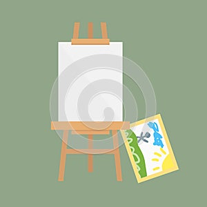 Easel art board vector isolated for some artist with paint palette paper canvas artboard and themed kids creativity