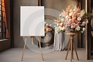 Easel boasts blank photo board, poised to exhibit precious wedding snapshots