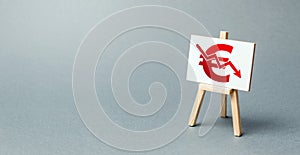 A easel with a canvas and a red Euro arrow down. National currency decline, devaluation and inflation. Adverse market conditions