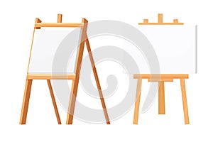 Easel, canvas stand or wooden tripod in cartoon style isolated on white background. Whiteboard for painting, seminar.