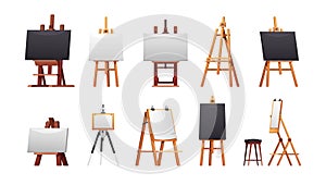 Easel collection. Blackboard chalkboard frames, blank canvas board for artist painting, studio study mockup. Vector set