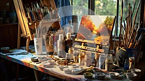 easel, paint brushes, tubes of paint, palette and paintings on work table in a artist studio. Generative Ai