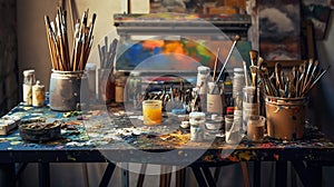 easel, paint brushes, tubes of paint, palette and paintings on work table in a artist studio. Generative Ai