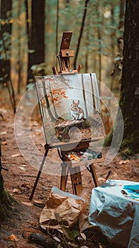 An easel with a painting of a deer in the woods. Generative AI image.