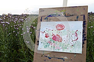 Easel picture poppies watercolor abstraction