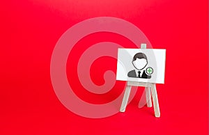 Easel with a symbol of hiring new employees. Help wanted. Recruiting and HR management. Hiring workers, staffing. Search