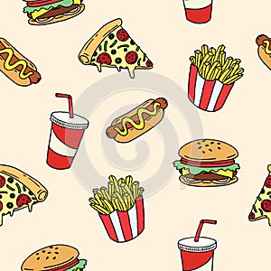 Easily modifiable vector elements. Digitally hand drawn fast food seamless pattern.