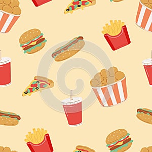 Easily modifiable vector elements. Digitally hand drawn fast food seamless pattern photo