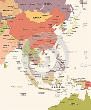 East Asia Map - Vintage Vector Illustration photo