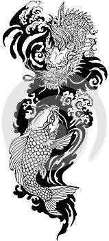 East Asian dragon and koi carp. Black and white Tattoo