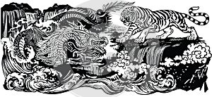 East Asian dragon versus tiger. Illustration