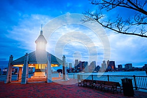 East Boston Pier Park Gazebo over downtown at dusk