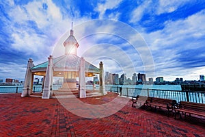 East Boston Piers Park Gazebo with lighthouse view