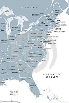 East Coast of the United States, the Atlantic Coast, gray political map