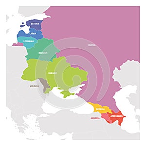 East Europe Region. Colorful map of countries in eastern Europe. Post Soviet and Caucasian countries. Vector