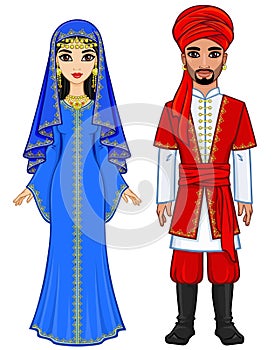 East fairy tale. Animation portrait of the Arab family in ancient clothes.