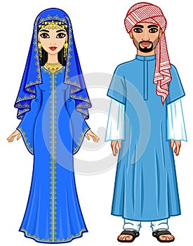 East fairy tale. Animation portrait of the Arab family in ancient clothes.