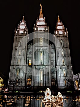 East Fascade of Salt Lake City LDS Mormon Temples with Nativity is circle water feature