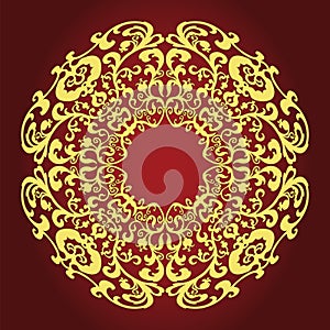 East gold ornament on a claret background