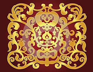 East gold ornament on a claret background