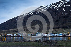 East Iceland picturesque Seydisfjordur village seen at night