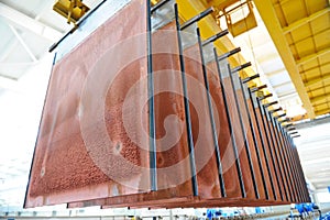 East Kazakhstan region, Kazakhstan - 12.02.2015 : Layers of cathode copper on a special lift for processing