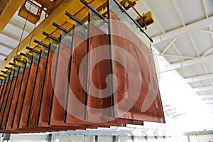 East Kazakhstan region, Kazakhstan - 12.02.2015 : Layers of cathode copper on a special lift for processing