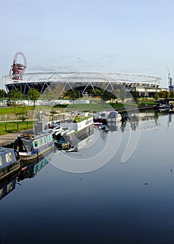 East London, UK: Olympic Stadium from River Lea, Portrait, Stratford