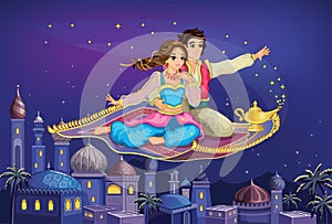 East Princess, Aladdin on magic carpet. Fairytale Arabic landscape with Mosque. Fabulous background. Cartoon Wallpaper. Cute doll.