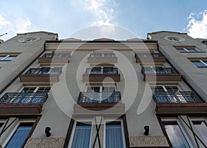 East Prussian facade architectural style. Fish village, Kaliningrad, Russia. Historical, ethnographic, trade and craft complex of