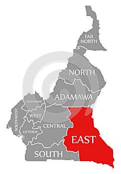 East region red highlighted in map of Cameroon