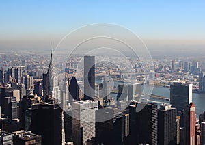 East River in New York with Skyline in Morning Smog