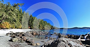 East Sooke Park Landscape Panorama of Aylard Farm Beach on Juan de Fuca Strait, Vancouver Island, British Columbia