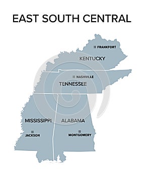 East South Central states in the South region of the USA, gray political map