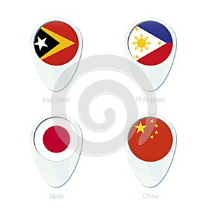 East Timor, Philippines, Japan, China flag location map pin icon