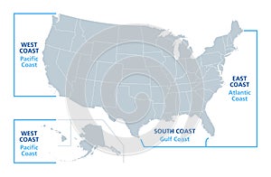 The East, West and Gulf Coast of the United States, political map