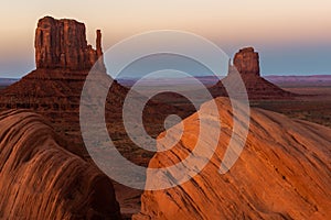 East and West Mitten Buttes at sunset, Monument Valley Navajo Tribal Park on the Arizona-Utah border,