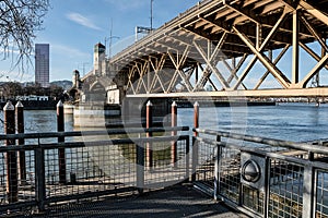 Eastbank Esplanade showing the underside of the Burnside Bridge in Portland, Oregon. December 2017