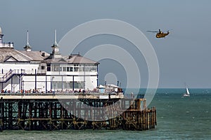 EASTBOURNE, EAST SUSSEX/UK - AUGUST 11 : Sea King HAR3 helicopter display at Airbourne in Eastbourne on August 11. Unidentified p