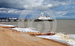 Eastbourne Pier and beach, East Sussex, England, UK.