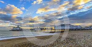 Eastbourne Pier and beach, East Sussex, England, UK