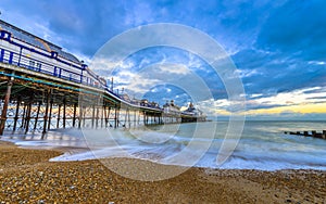 Eastbourne Pier and beach, East Sussex, England, UK