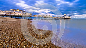 Eastbourne Pier and beach, East Sussex, England, UK