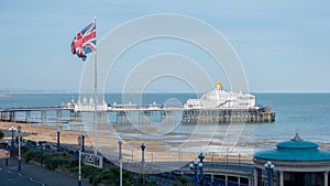Eastbourne`s pier and beach at English Channel.