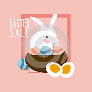 Easte Hare or Rabbit and a basket of easter eggs. Text `Easter Sale`