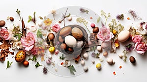 Easter Abundance: Quail Eggs and Blossoms in White Background for 10 People