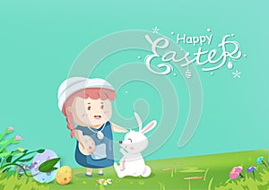 Easter, adorable girl and cute rabbit playing in garden, cartoon character greeting card holiday invitation, kid background vector