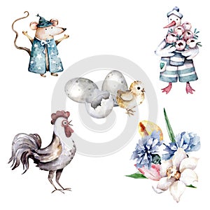 Easter animals. Goose, rooster, chickens, mouse, flowers. Happy Easter watercolor illustration