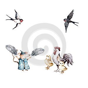 Easter animals. Goose, rooster, chickens, mouse, flowers. Happy Easter watercolor illustration